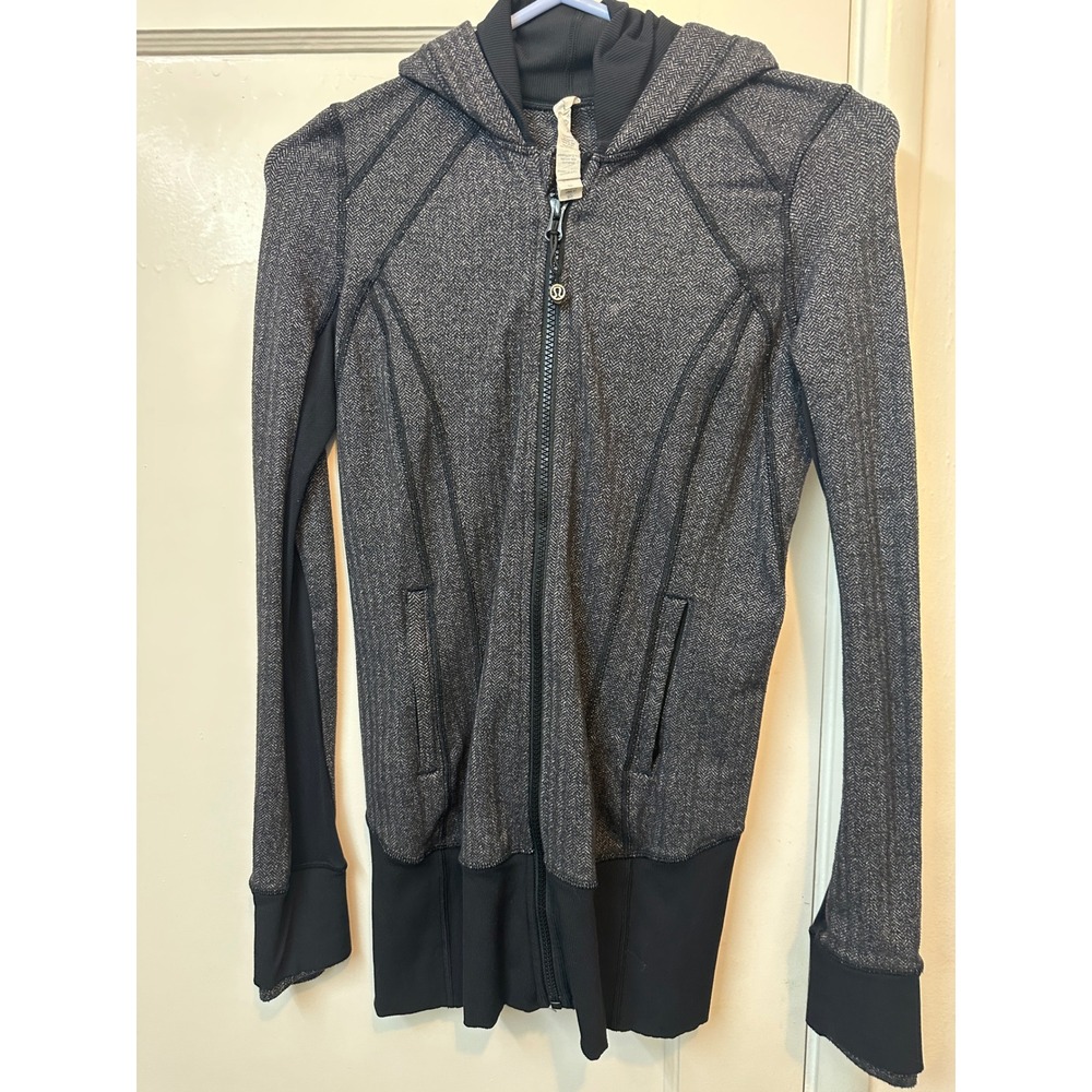 Lululemon‎ Herringbone Full Zip Hoodie Jacket Black White Size 4 Slim Fit Yoga